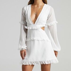 Showpo White Ruffle Long Sleeve Tie Dress